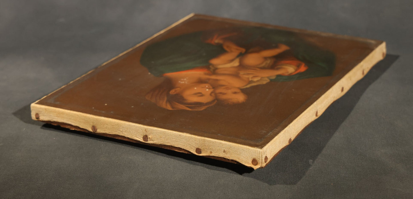 Antique Chromolithograph Print on Canvas, "Madonna and Child" After Murillo, Published by Dodge, Collier & Perkins, 115 Washington Street, Boston, Massachusetts