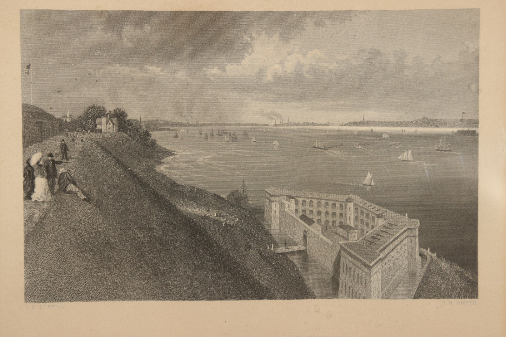 Antique Framed Engraving Print, "New York Bay from the Narrows," After F.B. Schell, Engraved by C.H. Smith