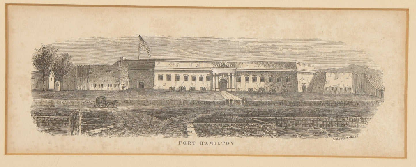 Antique Framed Engraving Print, "Fort Hamilton," Brooklyn, New York, Engraved by Lossing-Barritt
