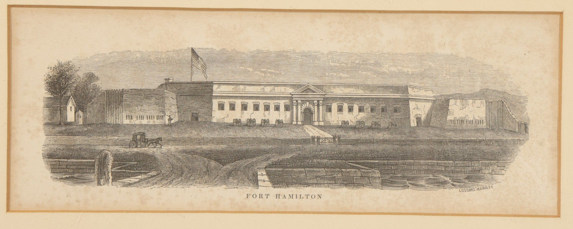 Antique Framed Engraving Print, "Fort Hamilton," Brooklyn, New York, Engraved by Lossing-Barritt