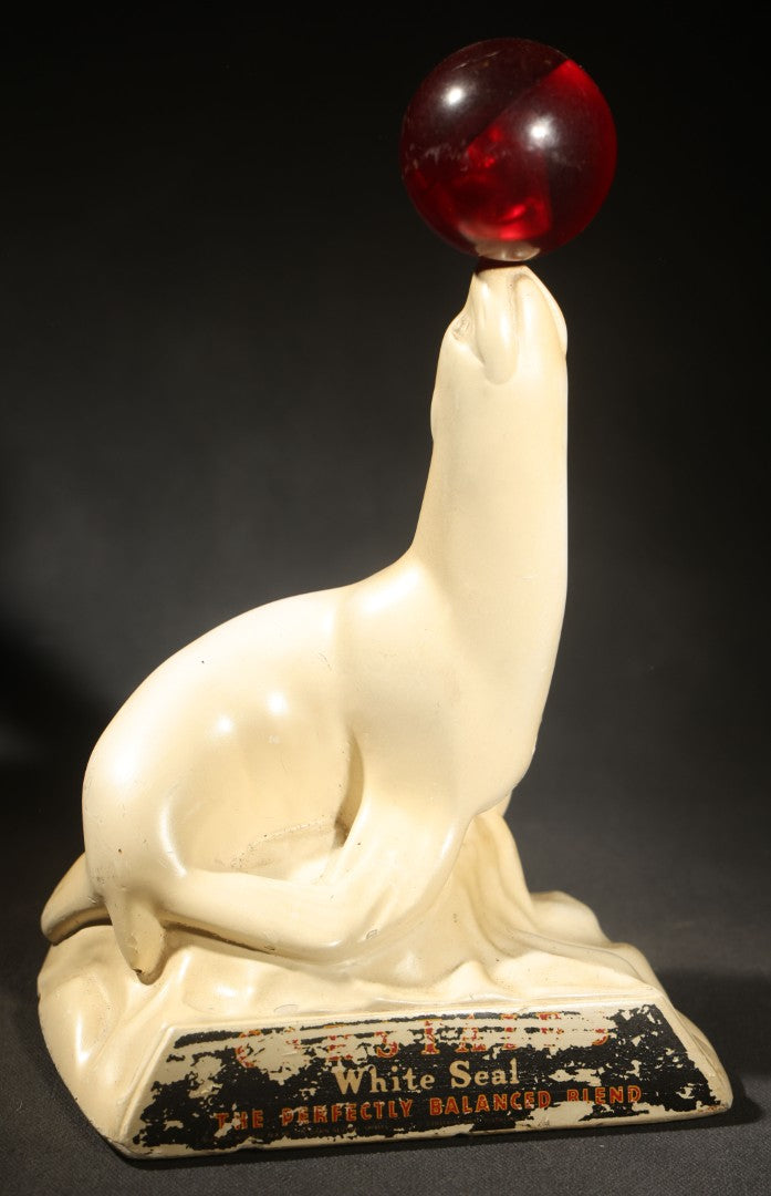 Vintage Carstairs White Seal Whiskey "the Perfectly Balanced Blend" Chalkware Advertising Figure, Seal Balancing a Translucent Red Ball