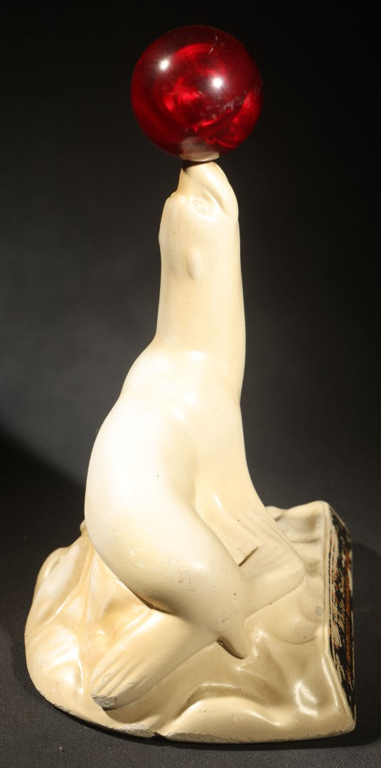 Vintage Carstairs White Seal Whiskey "the Perfectly Balanced Blend" Chalkware Advertising Figure, Seal Balancing a Translucent Red Ball