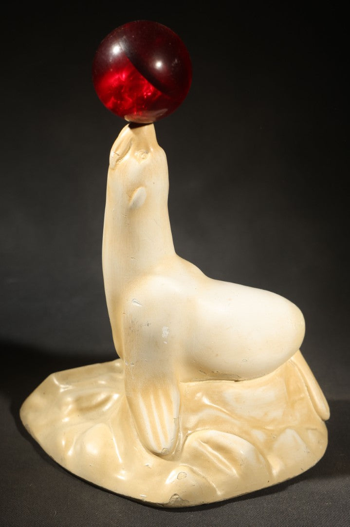 Vintage Carstairs White Seal Whiskey "the Perfectly Balanced Blend" Chalkware Advertising Figure, Seal Balancing a Translucent Red Ball