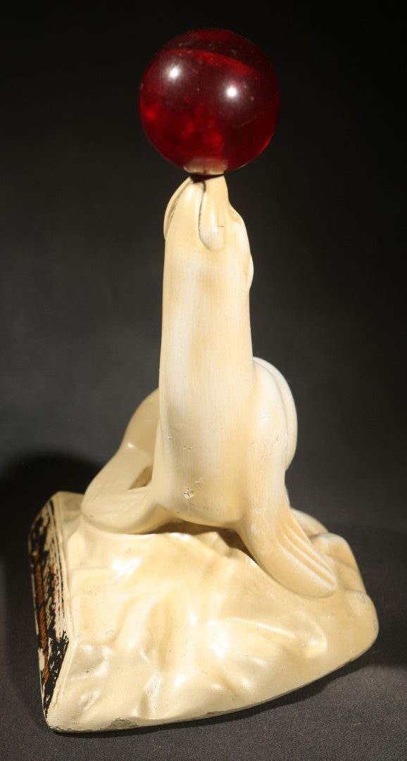 Vintage Carstairs White Seal Whiskey "the Perfectly Balanced Blend" Chalkware Advertising Figure, Seal Balancing a Translucent Red Ball