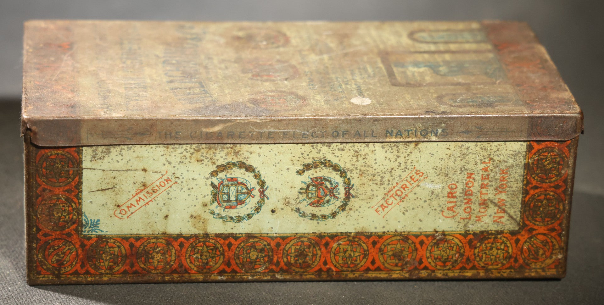 Antique M. Melachrino & Co. Egyptian Cigarettes no. 9 Tin, 100 Count, "the Cigarette Elect of All Nations," Cairo, London, New York, Montreal