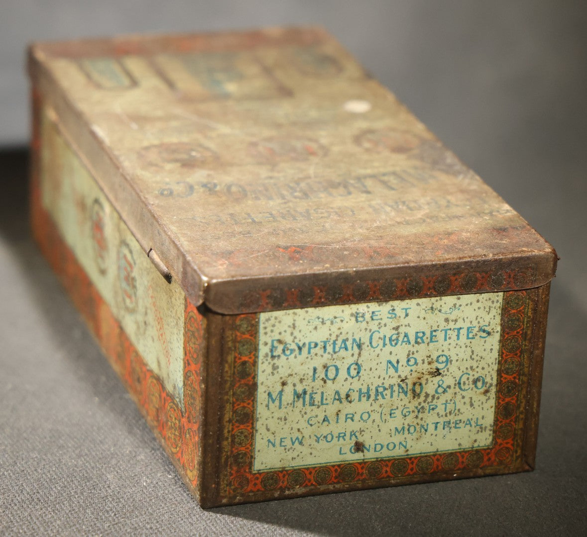 Antique M. Melachrino & Co. Egyptian Cigarettes no. 9 Tin, 100 Count, "the Cigarette Elect of All Nations," Cairo, London, New York, Montreal