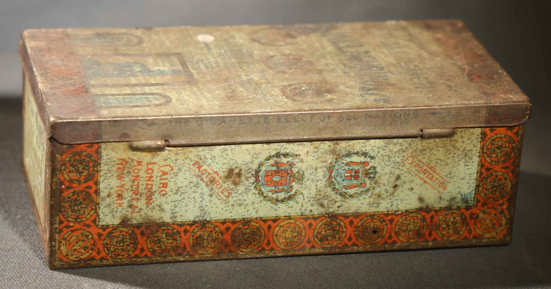 Antique M. Melachrino & Co. Egyptian Cigarettes no. 9 Tin, 100 Count, "the Cigarette Elect of All Nations," Cairo, London, New York, Montreal