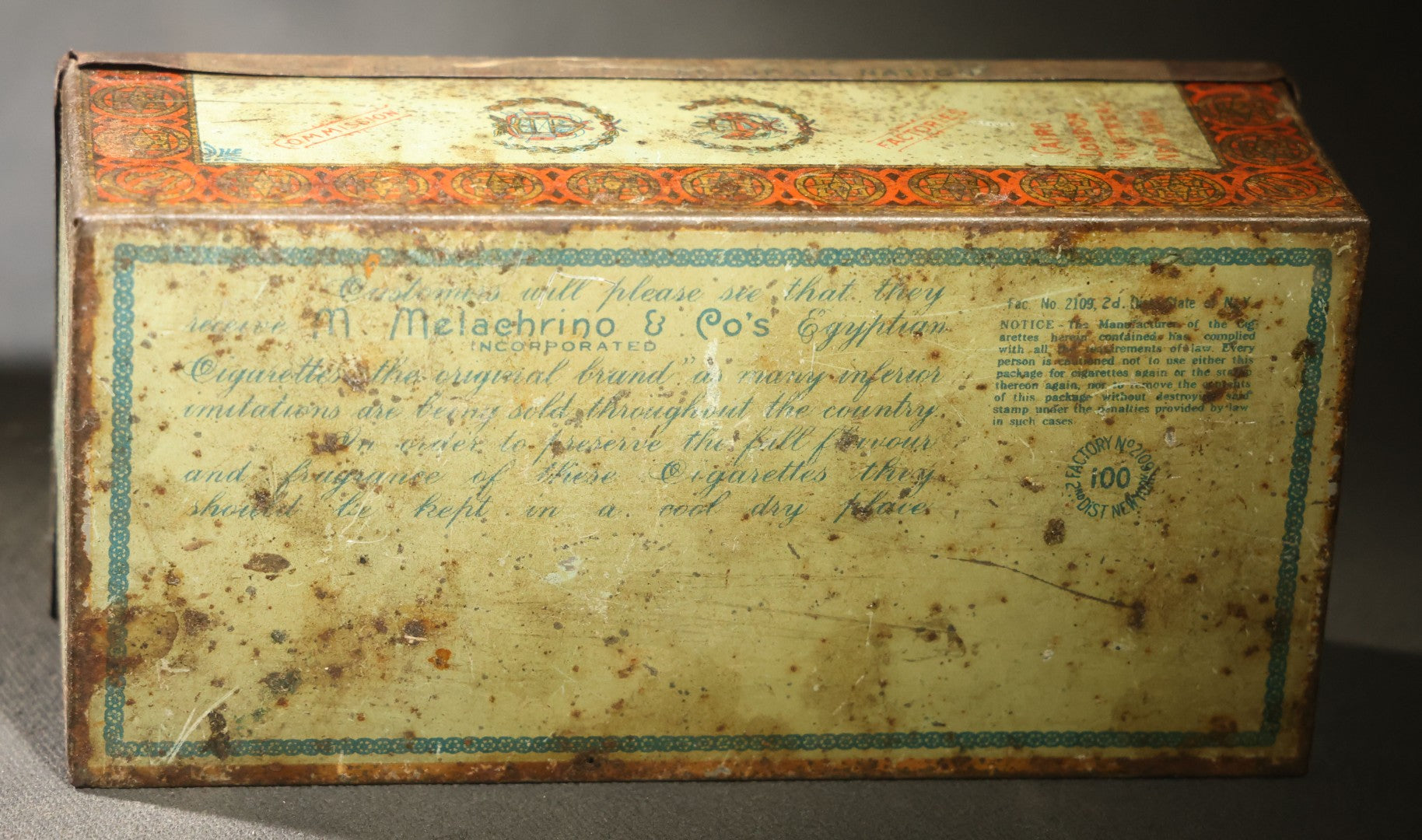 Antique M. Melachrino & Co. Egyptian Cigarettes no. 9 Tin, 100 Count, "the Cigarette Elect of All Nations," Cairo, London, New York, Montreal