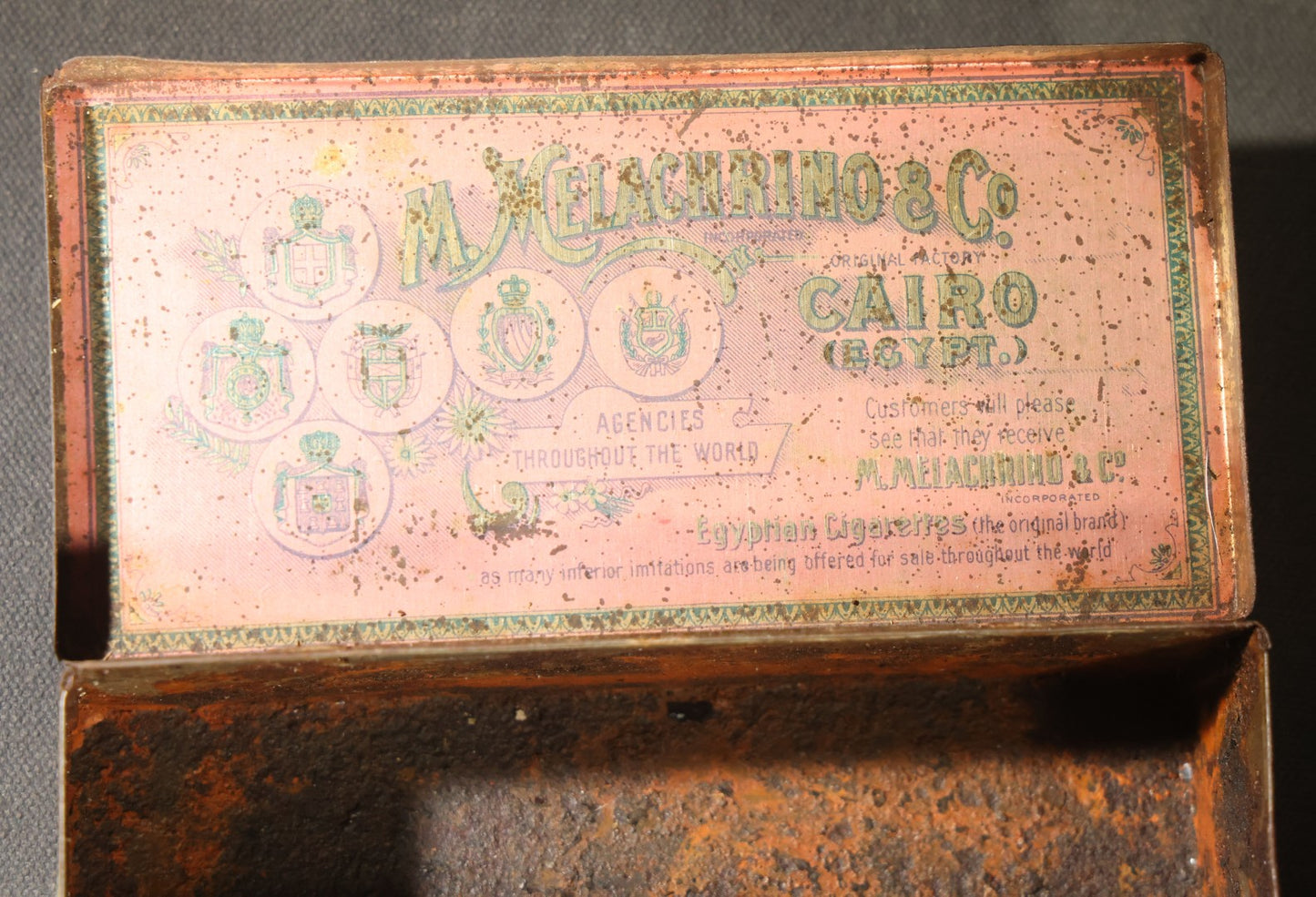 Antique M. Melachrino & Co. Egyptian Cigarettes no. 9 Tin, 100 Count, "the Cigarette Elect of All Nations," Cairo, London, New York, Montreal