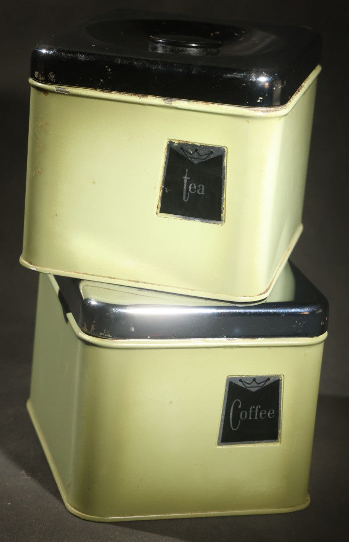 Pair of Vintage Midcentury Green and Chrome Tin Kitchen Canisters, "Tea" and "Coffee," with Recessed Plastic Lift Handles in Lids, 4-1/2" H Each