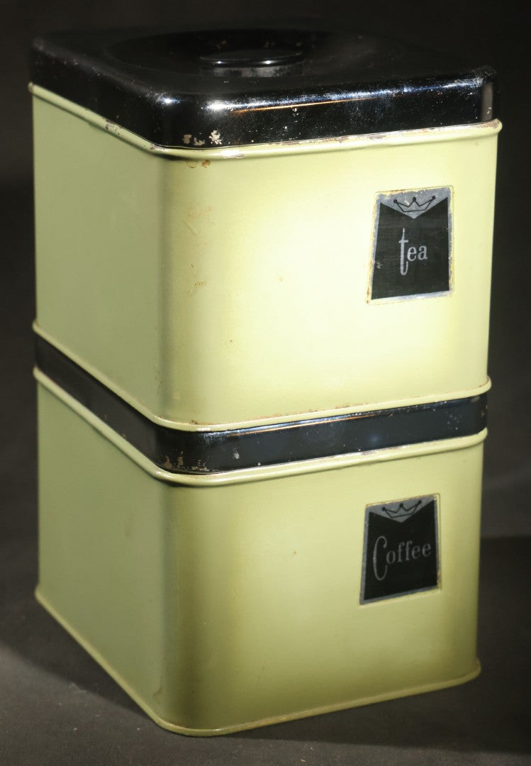 Pair of Vintage Midcentury Green and Chrome Tin Kitchen Canisters, "Tea" and "Coffee," with Recessed Plastic Lift Handles in Lids, 4-1/2" H Each