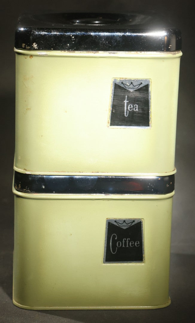 Pair of Vintage Midcentury Green and Chrome Tin Kitchen Canisters, "Tea" and "Coffee," with Recessed Plastic Lift Handles in Lids, 4-1/2" H Each