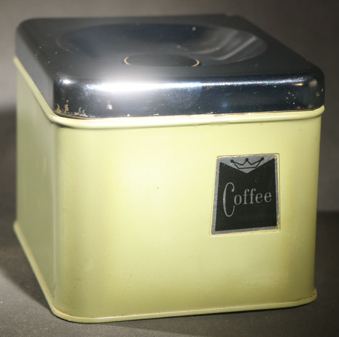 Pair of Vintage Midcentury Green and Chrome Tin Kitchen Canisters, "Tea" and "Coffee," with Recessed Plastic Lift Handles in Lids, 4-1/2" H Each