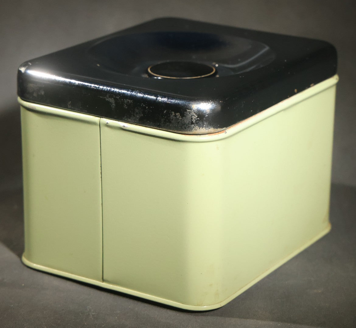 Pair of Vintage Midcentury Green and Chrome Tin Kitchen Canisters, "Tea" and "Coffee," with Recessed Plastic Lift Handles in Lids, 4-1/2" H Each