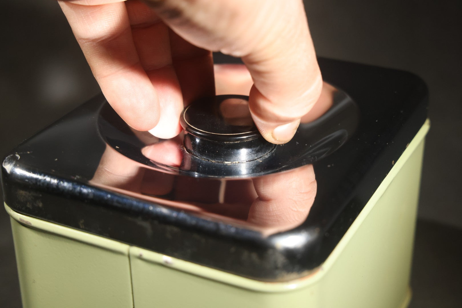 Pair of Vintage Midcentury Green and Chrome Tin Kitchen Canisters, "Tea" and "Coffee," with Recessed Plastic Lift Handles in Lids, 4-1/2" H Each