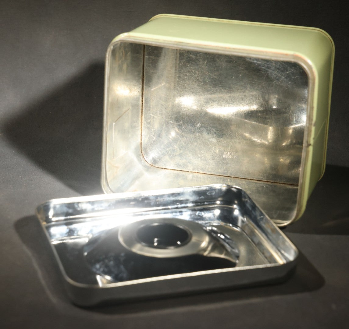 Pair of Vintage Midcentury Green and Chrome Tin Kitchen Canisters, "Tea" and "Coffee," with Recessed Plastic Lift Handles in Lids, 4-1/2" H Each