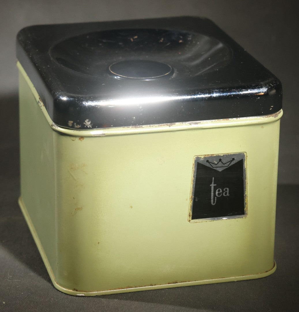 Pair of Vintage Midcentury Green and Chrome Tin Kitchen Canisters, "Tea" and "Coffee," with Recessed Plastic Lift Handles in Lids, 4-1/2" H Each