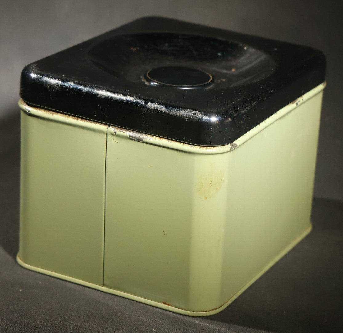 Pair of Vintage Midcentury Green and Chrome Tin Kitchen Canisters, "Tea" and "Coffee," with Recessed Plastic Lift Handles in Lids, 4-1/2" H Each
