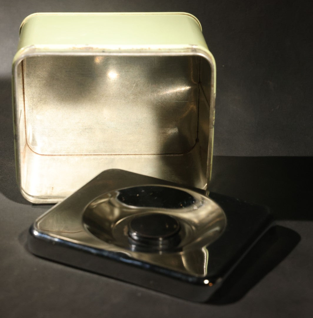 Pair of Vintage Midcentury Green and Chrome Tin Kitchen Canisters, "Tea" and "Coffee," with Recessed Plastic Lift Handles in Lids, 4-1/2" H Each