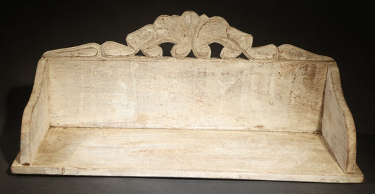 Vintage White-Painted Wooden Wall Shelf with Carved Scrollwork Crest