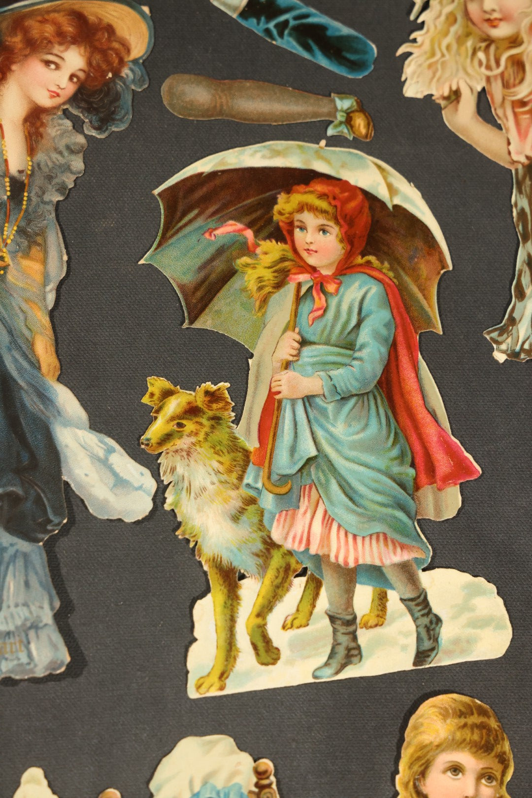 Grouping of 14 Antique Chromolithograph Paper Dolls with Extra Limbs and Accessories Including Raphael Tuck and Sons, Little Red Riding Hood, and Spinning Wheel Figures