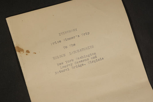 Antique Typewritten Itinerary, "Prize Winner's Trip to the Edison Laboratories," October 17-25, 1921, with Meeting with Thomas A. Edison and President Harding