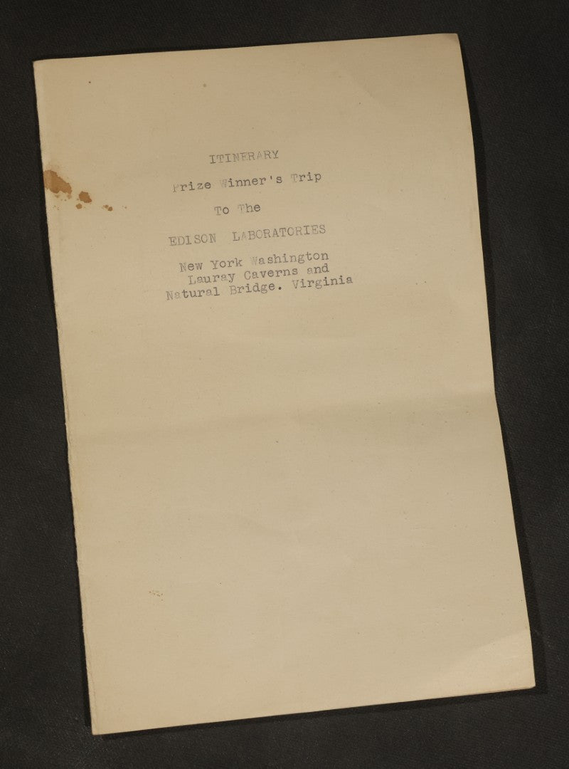 Antique Typewritten Itinerary, "Prize Winner's Trip to the Edison Laboratories," October 17-25, 1921, with Meeting with Thomas A. Edison and President Harding