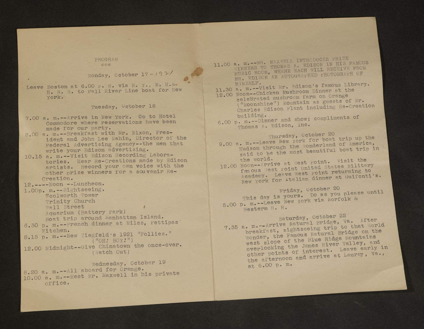 Antique Typewritten Itinerary, "Prize Winner's Trip to the Edison Laboratories," October 17-25, 1921, with Meeting with Thomas A. Edison and President Harding