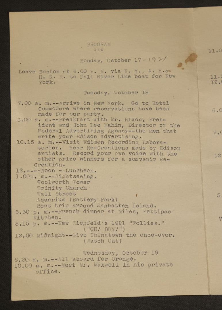 Antique Typewritten Itinerary, "Prize Winner's Trip to the Edison Laboratories," October 17-25, 1921, with Meeting with Thomas A. Edison and President Harding