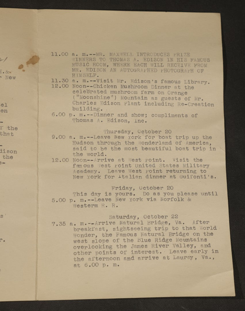 Antique Typewritten Itinerary, "Prize Winner's Trip to the Edison Laboratories," October 17-25, 1921, with Meeting with Thomas A. Edison and President Harding