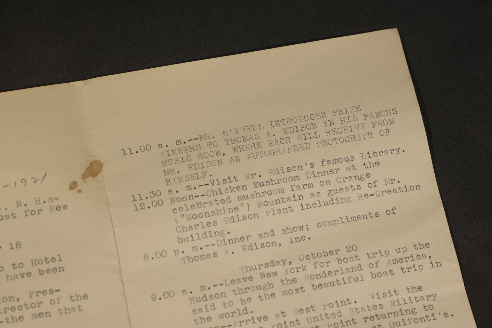 Antique Typewritten Itinerary, "Prize Winner's Trip to the Edison Laboratories," October 17-25, 1921, with Meeting with Thomas A. Edison and President Harding