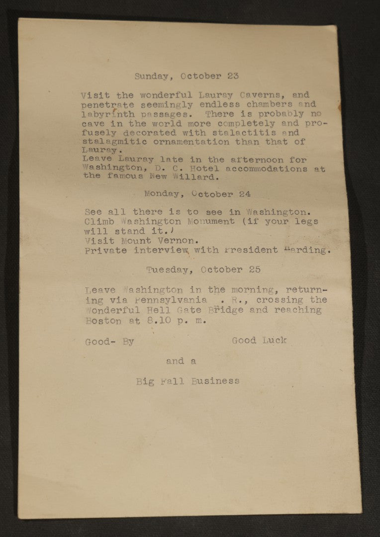 Antique Typewritten Itinerary, "Prize Winner's Trip to the Edison Laboratories," October 17-25, 1921, with Meeting with Thomas A. Edison and President Harding
