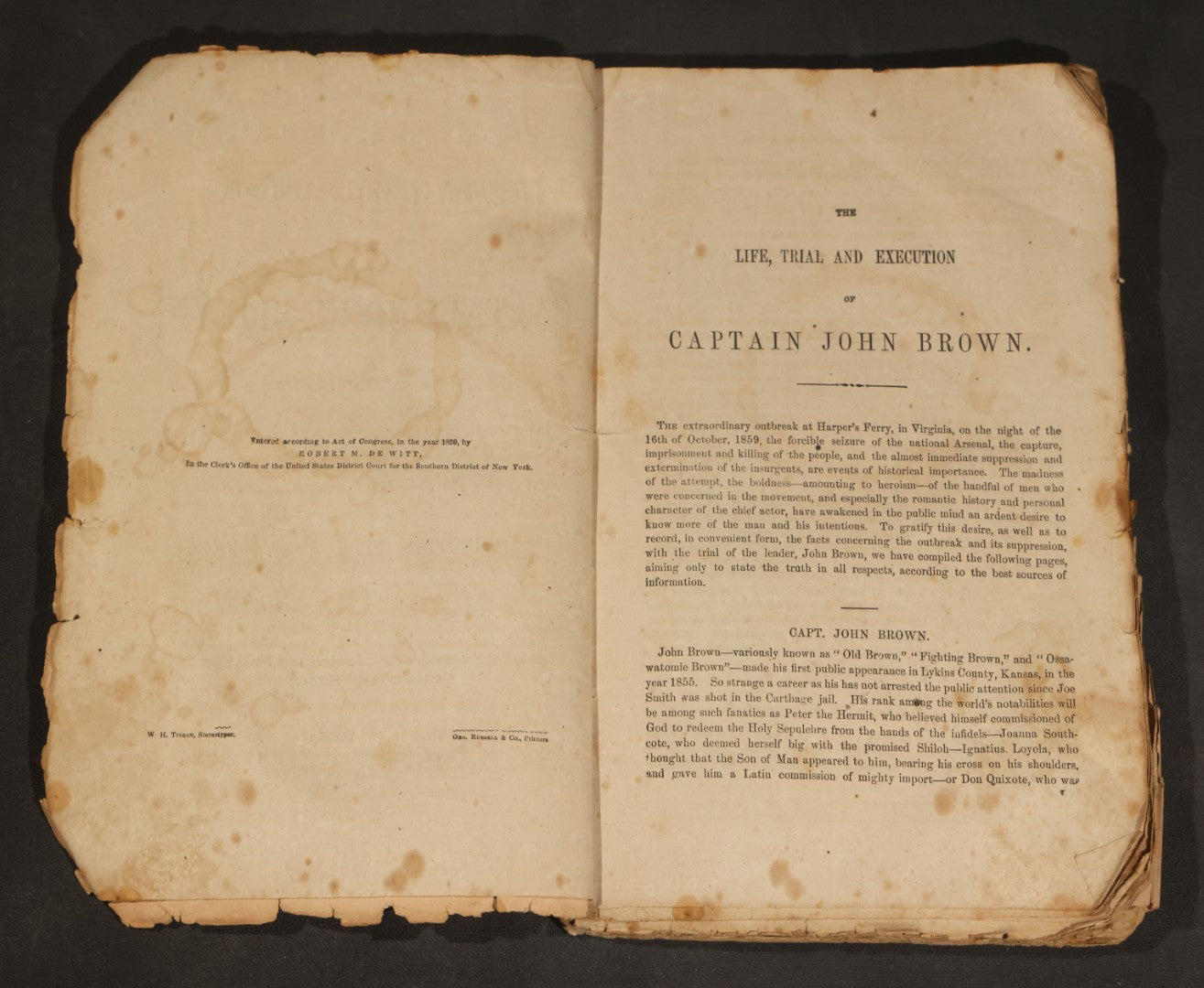 "the Life, Trial and Execution of Capt. John Brown" Antique Soft Cover Booklet, New Edition with Additions, Insurrection at Harper's Ferry, Published by Robert M. De Witt, 160 & 162 Nassau Street, New York, 1859