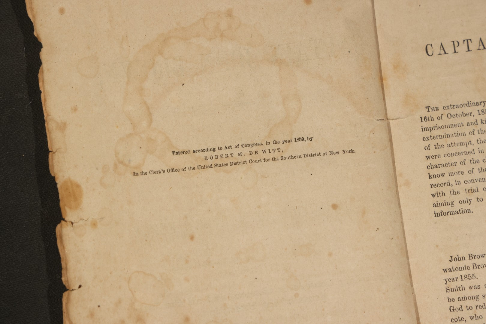 "the Life, Trial and Execution of Capt. John Brown" Antique Soft Cover Booklet, New Edition with Additions, Insurrection at Harper's Ferry, Published by Robert M. De Witt, 160 & 162 Nassau Street, New York, 1859
