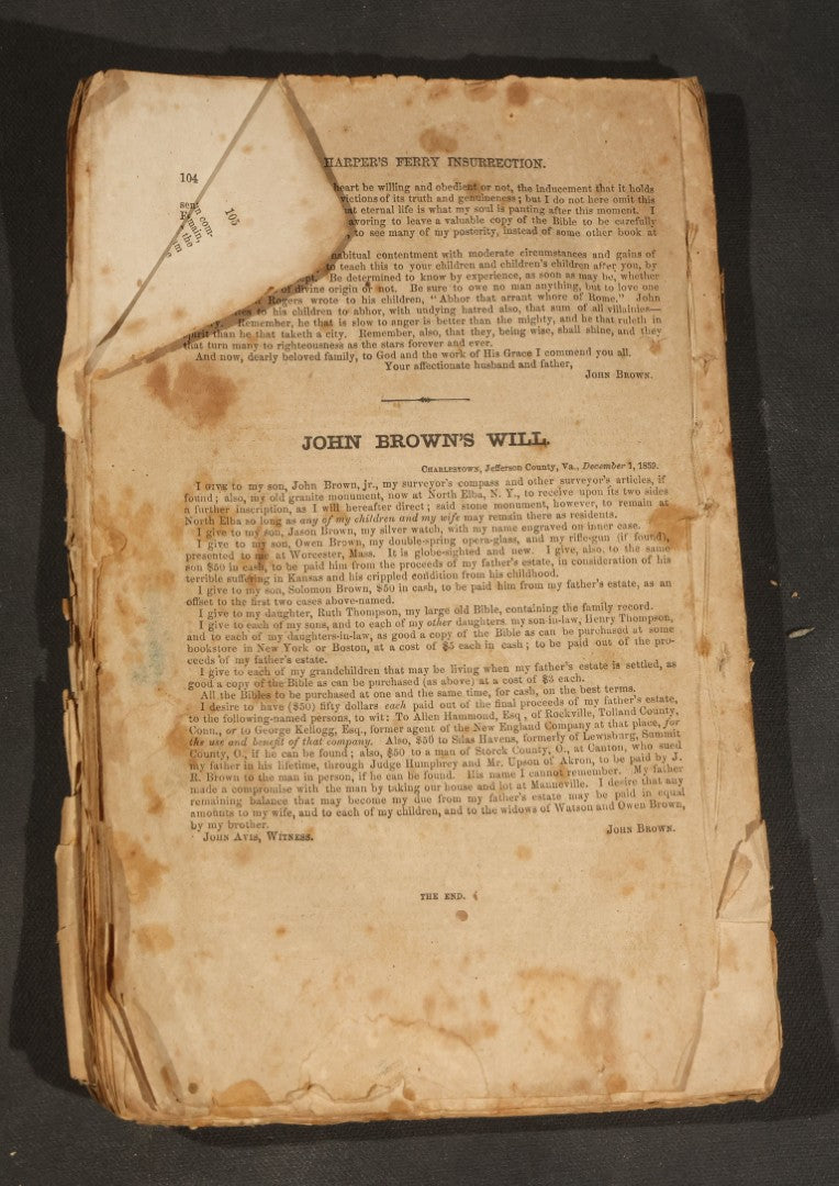 "the Life, Trial and Execution of Capt. John Brown" Antique Soft Cover Booklet, New Edition with Additions, Insurrection at Harper's Ferry, Published by Robert M. De Witt, 160 & 162 Nassau Street, New York, 1859