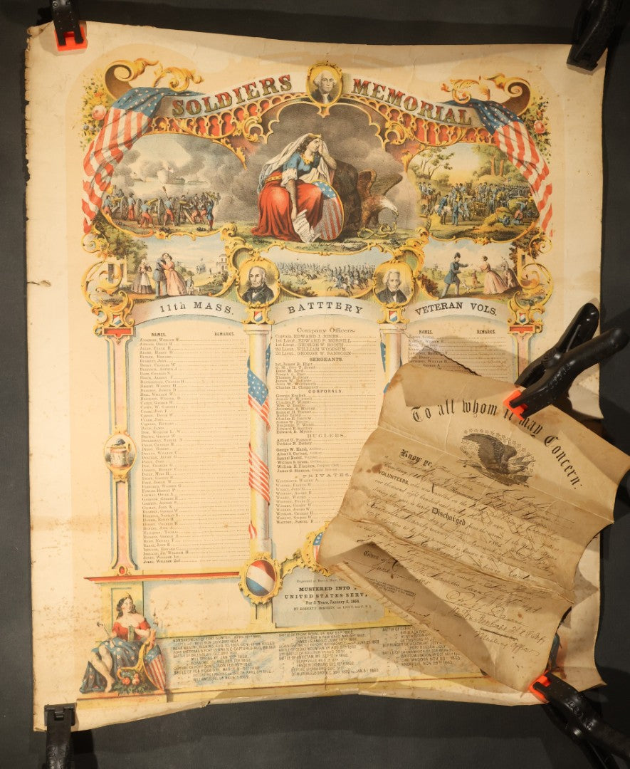 Pair of Antique Civil War Documents, 11th Massachusetts Battery Veteran Volunteers, "Soldiers Memorial" Chromolithograph Roster and Discharge Paper for Warren H. Bright, Captain Edward J. Jones, 1863-1865