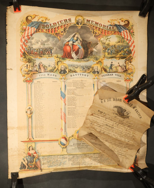 Pair of Antique Civil War Documents, 11th Massachusetts Battery Veteran Volunteers, "Soldiers Memorial" Chromolithograph Roster and Discharge Paper for Warren H. Bright, Captain Edward J. Jones, 1863-1865
