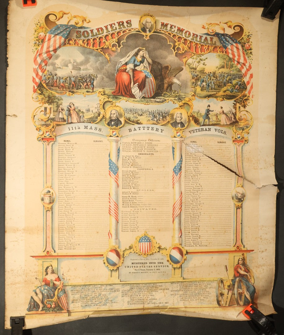 Pair of Antique Civil War Documents, 11th Massachusetts Battery Veteran Volunteers, "Soldiers Memorial" Chromolithograph Roster and Discharge Paper for Warren H. Bright, Captain Edward J. Jones, 1863-1865