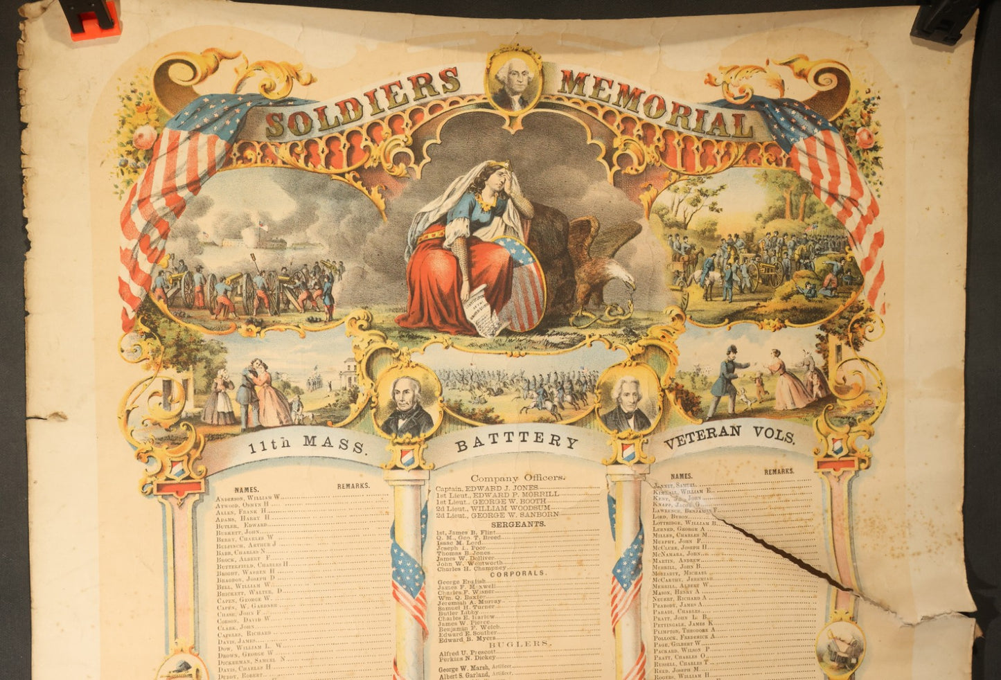 Pair of Antique Civil War Documents, 11th Massachusetts Battery Veteran Volunteers, "Soldiers Memorial" Chromolithograph Roster and Discharge Paper for Warren H. Bright, Captain Edward J. Jones, 1863-1865