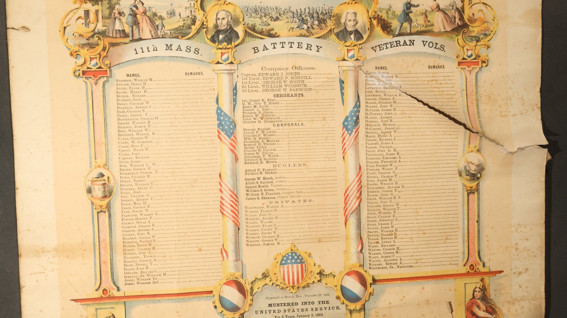 Pair of Antique Civil War Documents, 11th Massachusetts Battery Veteran Volunteers, "Soldiers Memorial" Chromolithograph Roster and Discharge Paper for Warren H. Bright, Captain Edward J. Jones, 1863-1865