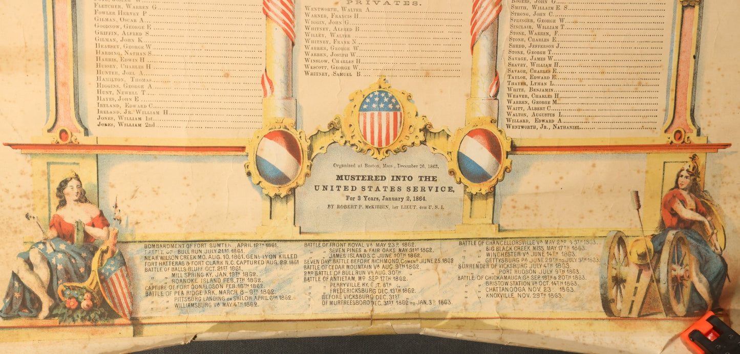 Pair of Antique Civil War Documents, 11th Massachusetts Battery Veteran Volunteers, "Soldiers Memorial" Chromolithograph Roster and Discharge Paper for Warren H. Bright, Captain Edward J. Jones, 1863-1865