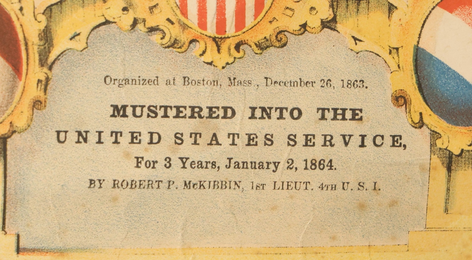 Pair of Antique Civil War Documents, 11th Massachusetts Battery Veteran Volunteers, "Soldiers Memorial" Chromolithograph Roster and Discharge Paper for Warren H. Bright, Captain Edward J. Jones, 1863-1865