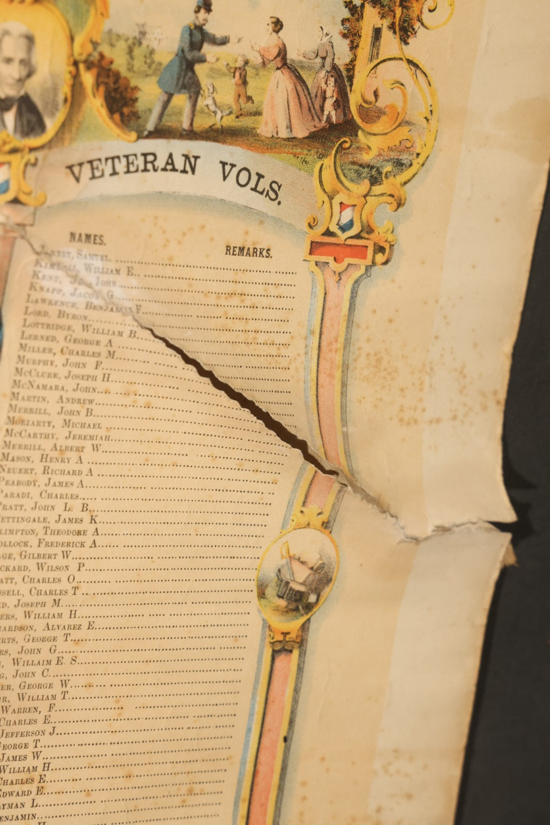 Pair of Antique Civil War Documents, 11th Massachusetts Battery Veteran Volunteers, "Soldiers Memorial" Chromolithograph Roster and Discharge Paper for Warren H. Bright, Captain Edward J. Jones, 1863-1865