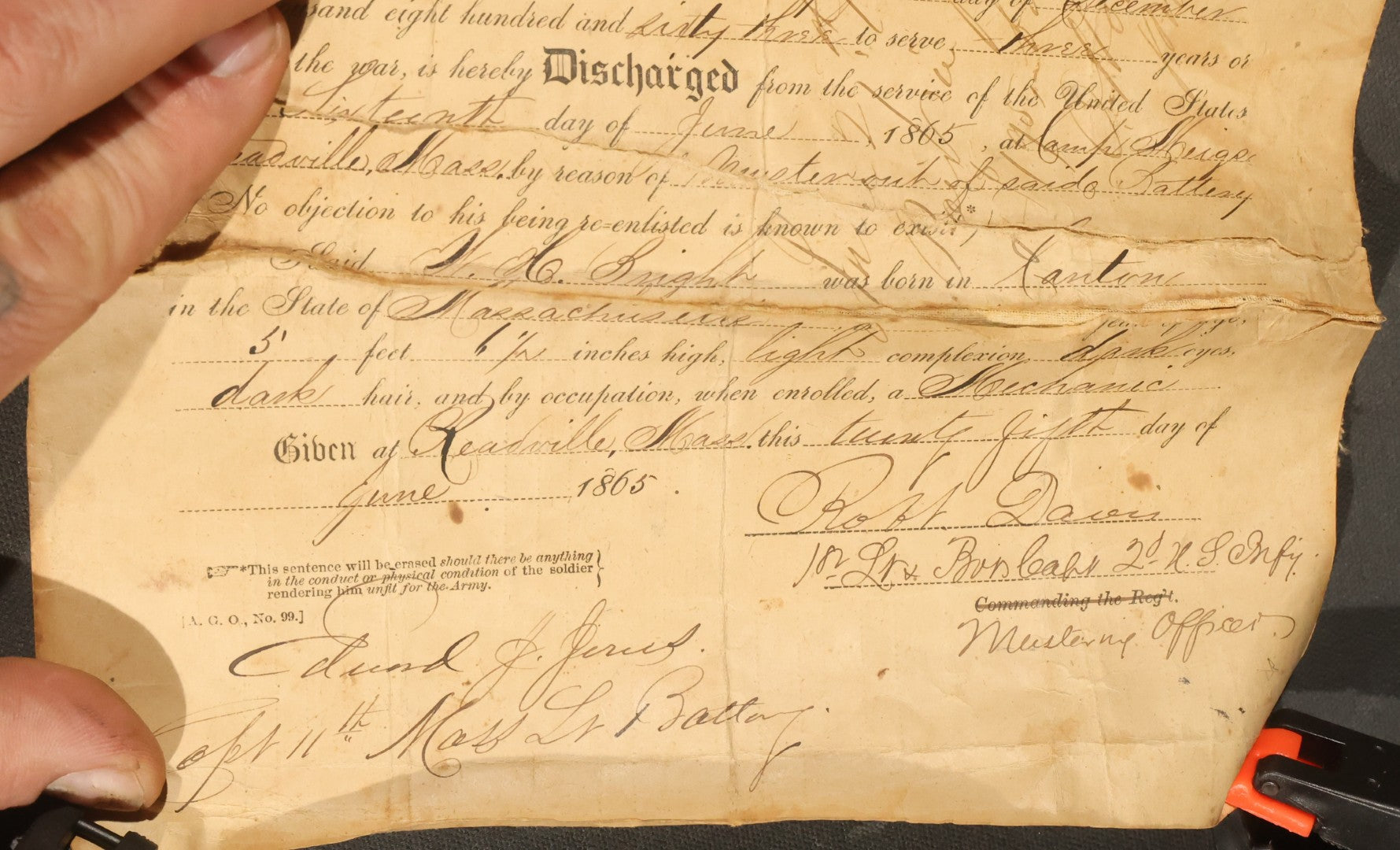 Pair of Antique Civil War Documents, 11th Massachusetts Battery Veteran Volunteers, "Soldiers Memorial" Chromolithograph Roster and Discharge Paper for Warren H. Bright, Captain Edward J. Jones, 1863-1865