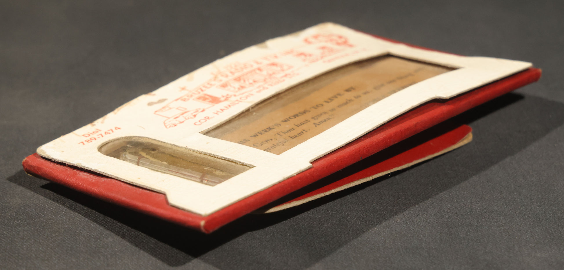 Vintage Bruzee's Radio & T.V. Inc. Advertising Desk Thermometer with "This Week's Words to Live by" Quote Window, Geneva, New York, Established 1921