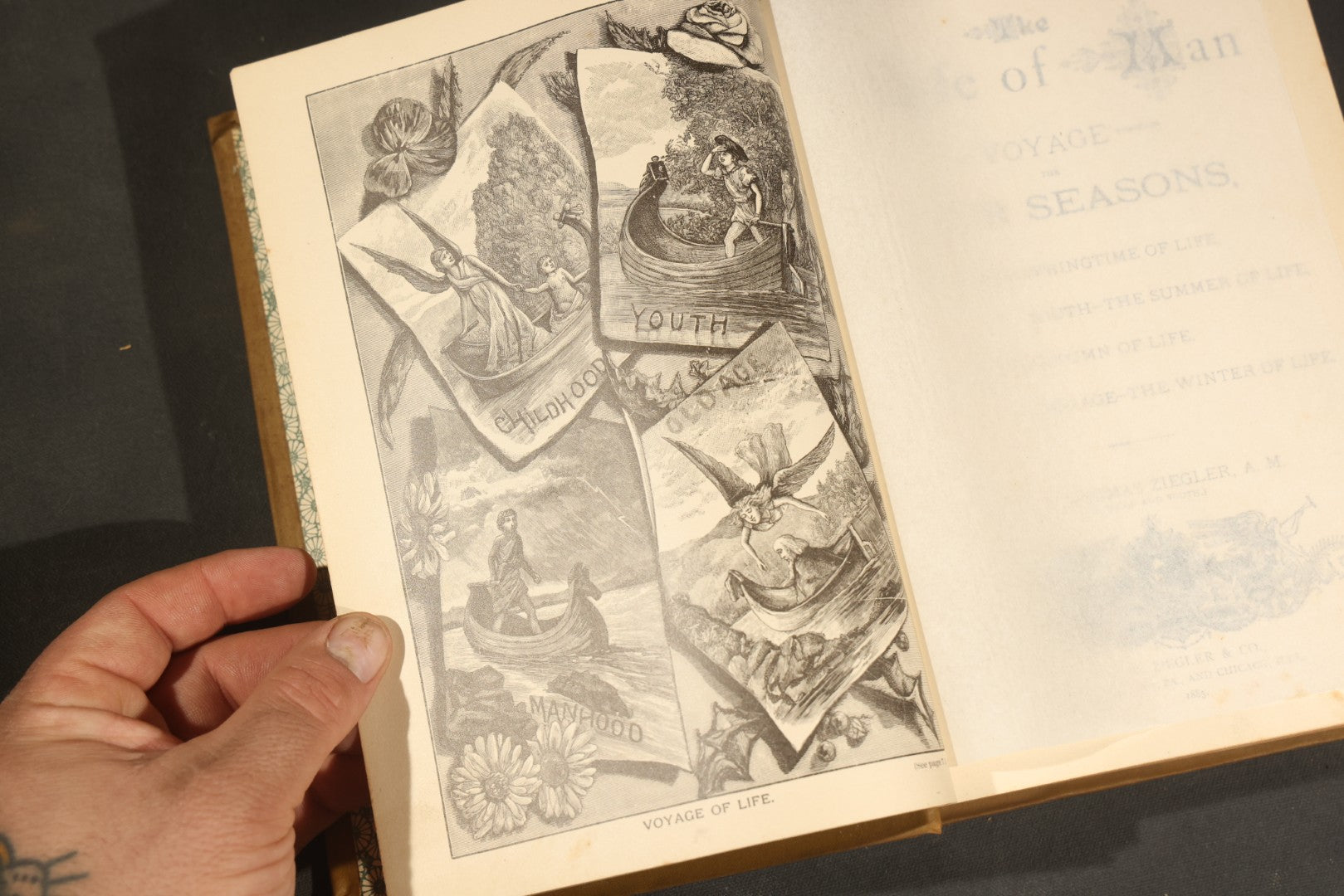 "The Life of Man in His Voyage Through the Four Seasons" Antique Illustrated Book by Rev. J. Thomas Ziegler, with Chromolithograph and Engraved Plates, Published by P.W. Ziegler & Co., Philadelphia, Pennsylvania, and Chicago, Illinois, 1885
