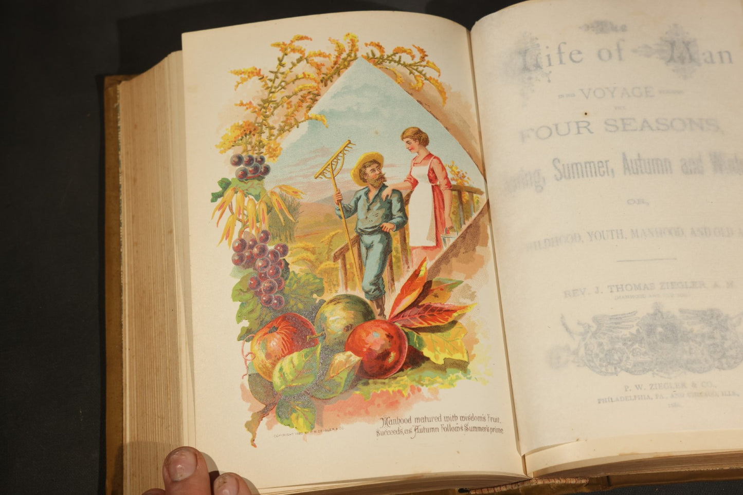 "The Life of Man in His Voyage Through the Four Seasons" Antique Illustrated Book by Rev. J. Thomas Ziegler, with Chromolithograph and Engraved Plates, Published by P.W. Ziegler & Co., Philadelphia, Pennsylvania, and Chicago, Illinois, 1885