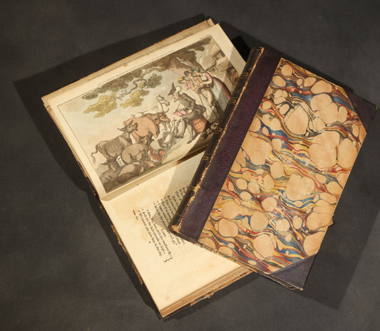 Pair of Antique "The Poetical Magazine" Bound Volumes II and III with Hand-Colored Doctor Syntax Plates, Published by R. Ackermann's Repository of Arts, 101 Strand, London, 1809