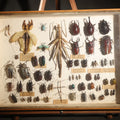 Lot 014 - Vintage Entomology Specimen Display of Beetles, Stick Insects, and Leaf Insects from India, East Africa, and Other Localities, in Glass-Front Wood Cabinet with Hans Luhr Label, Kiel, Germany, 17-1/4" L x 13" H