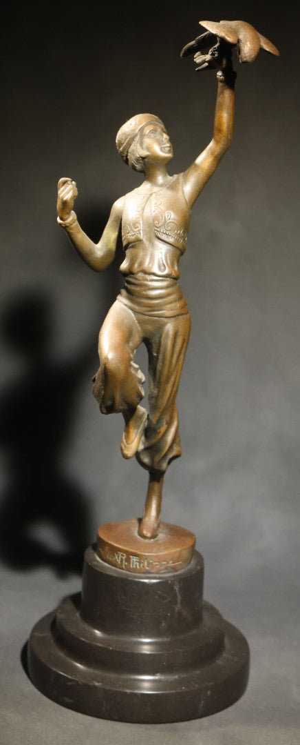 Vintage Bronze Sculpture of a Dancing Woman with Parrot on Marble Base, Re-Cast After Paul Philippe